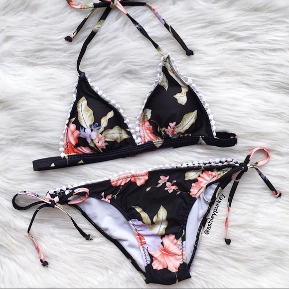 Daisys Boutique Other - ❤️SALE❤️ Black and pink floral pom pom bikini set